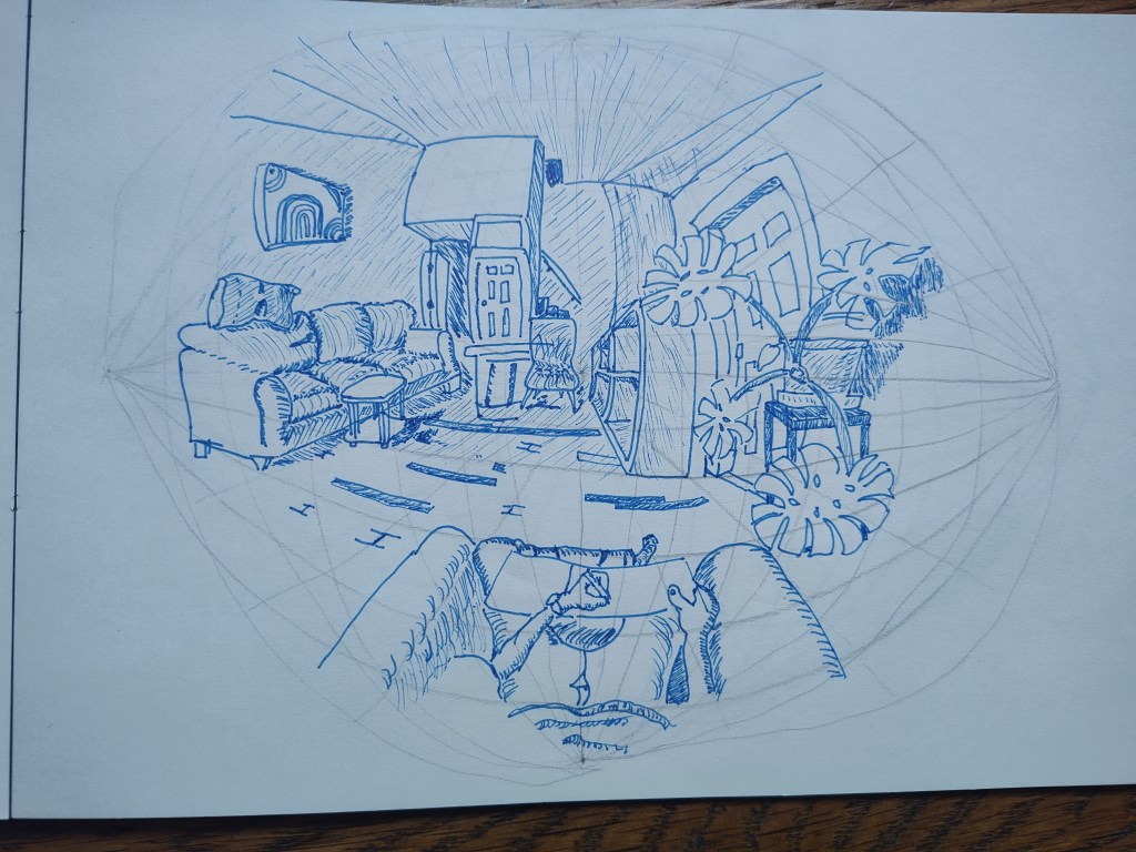 blue ink sketch of a living room with pencil guidelines