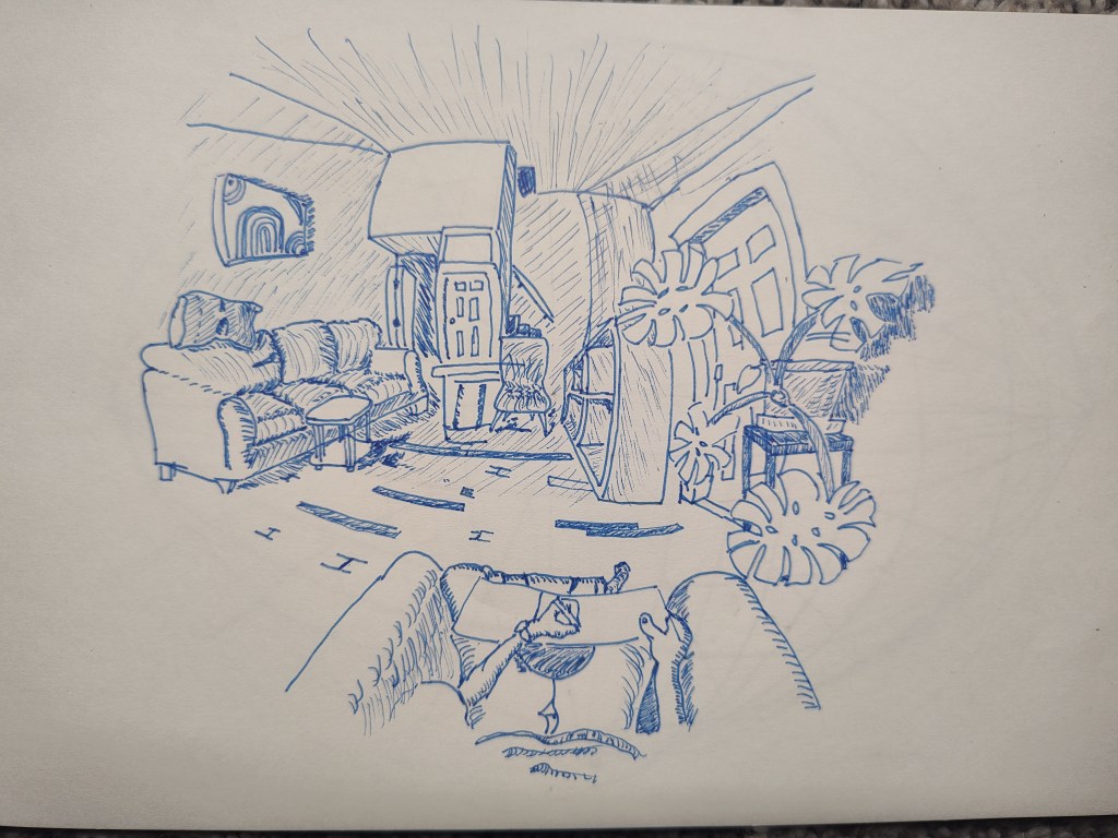 blue ink drawing of a living room using five-point perspective