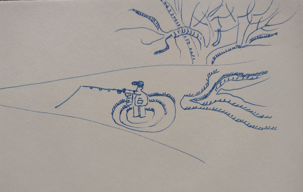 Drawing of a fisherman wading in water