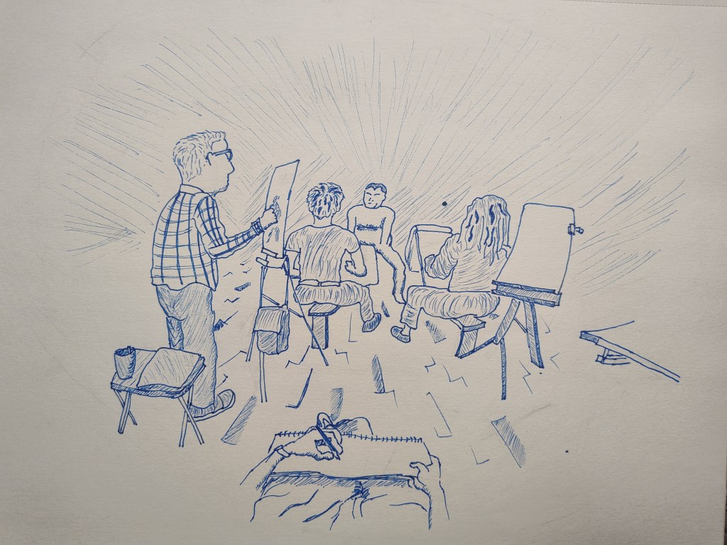 Drawing with blue ink on white paper showing several people in an art studio sketching a model
