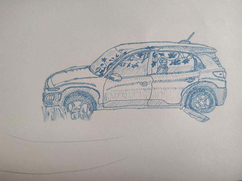 blue ink drawing of a Hyundai Kona