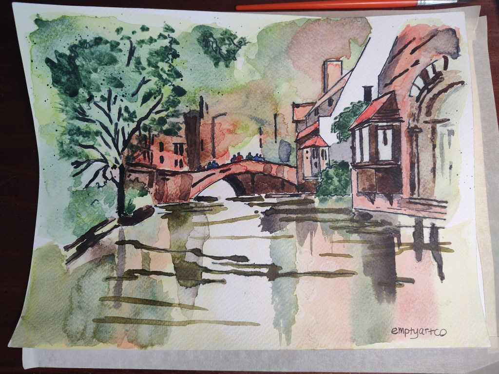 Watercolor painting of an urban river and bridge in Bruges, Belgium